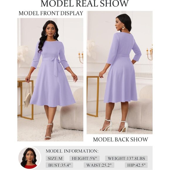 Women's Purple 3/4 Sleeve Vintage Flattering A-line Vintage Cocktail Dresses - Picture 3 of 5